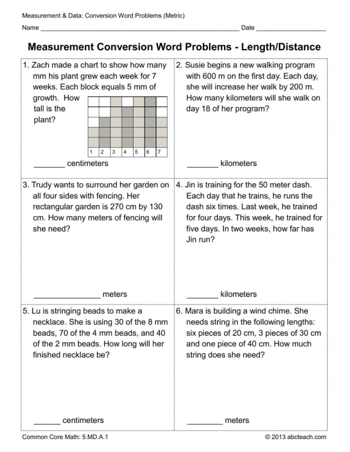 Fifth grade student practicing metric length unit conversions in a word problem worksheet