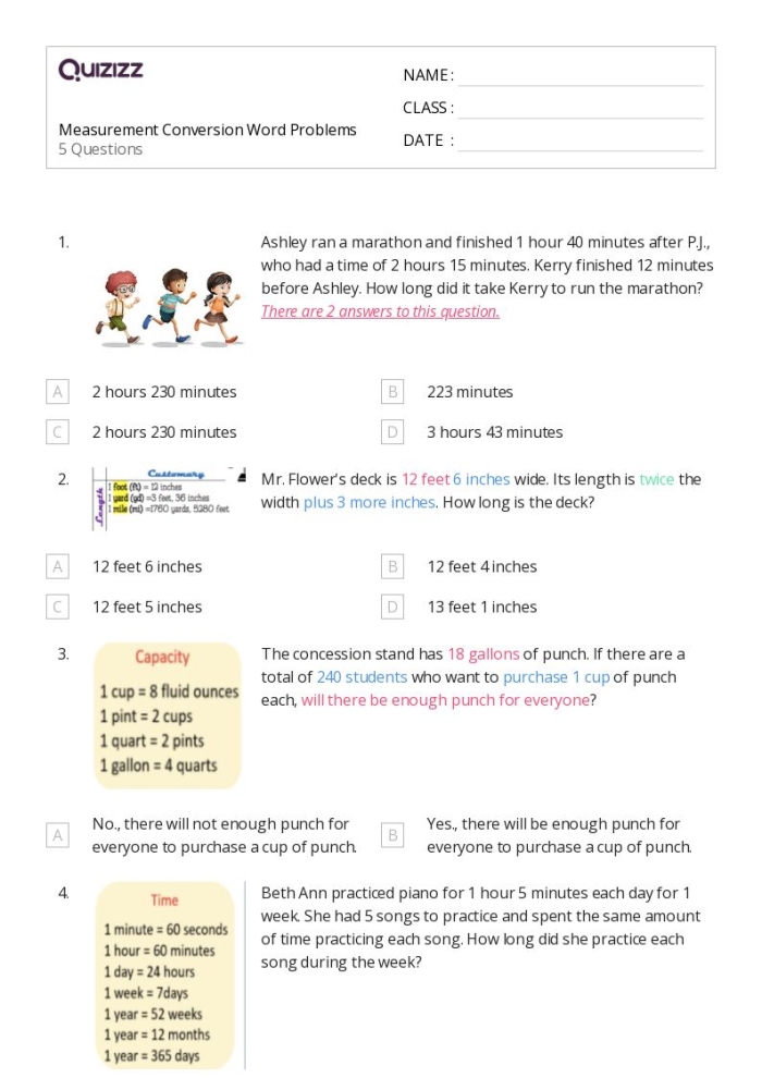 Fifth grade student solving metric length conversion word problems on a worksheet