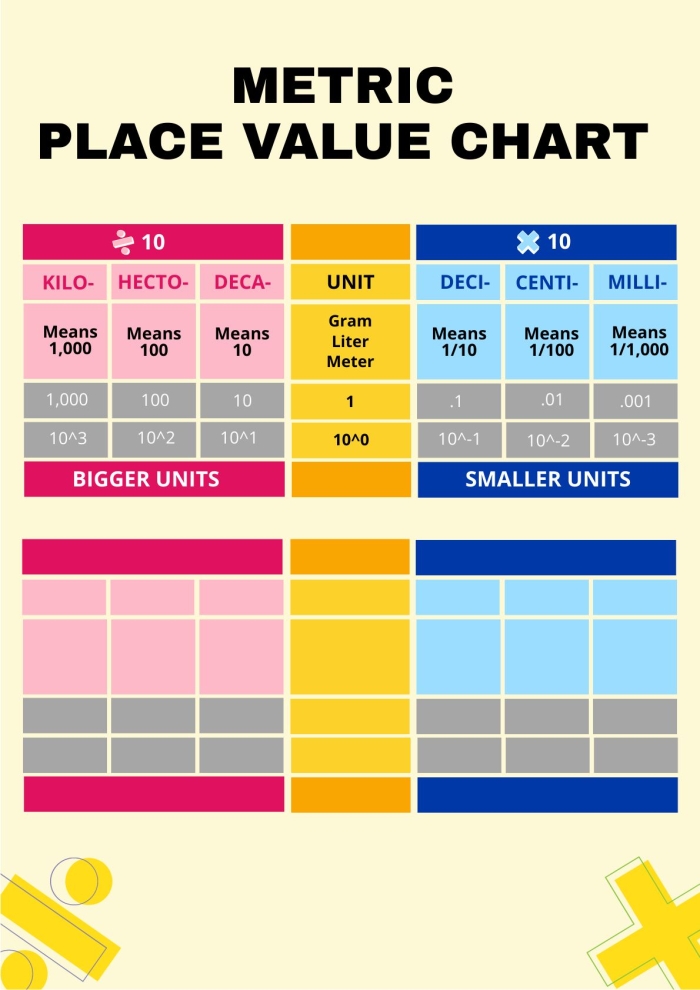 Metric Units Place Value Chart worksheet for fifth-grade students focusing on meters