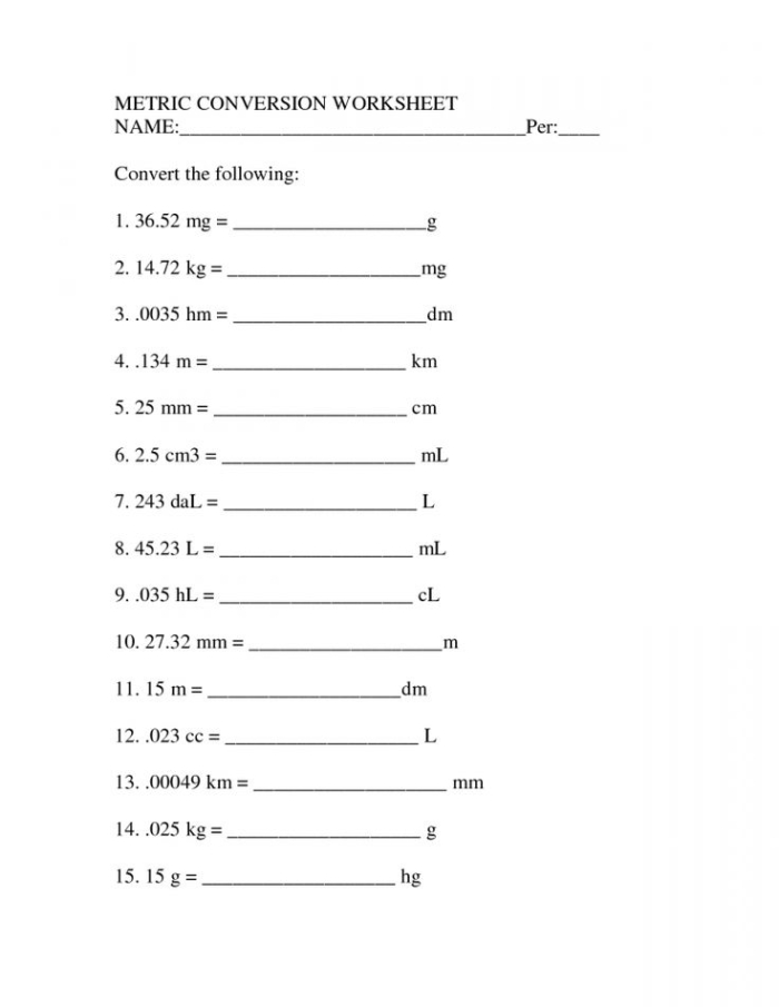 Fifth grade algebra worksheet featuring unit conversions using a metric table