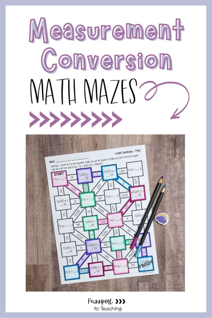 Worksheet featuring a maze for converting metric units aimed at fifth graders