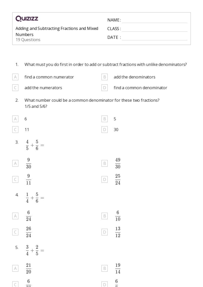 Fifth grade students learning to add mixed fractions with step-by-step visual examples on a colorful worksheet