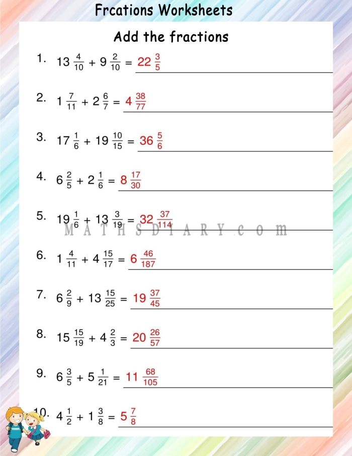 Fifth grade colorful math worksheet for practicing the addition of mixed fractions