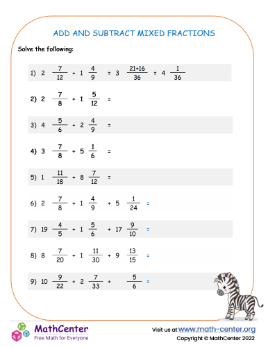 Fifth grade math worksheet showing colorful step-by-step instructions for adding mixed fractions with practice problems