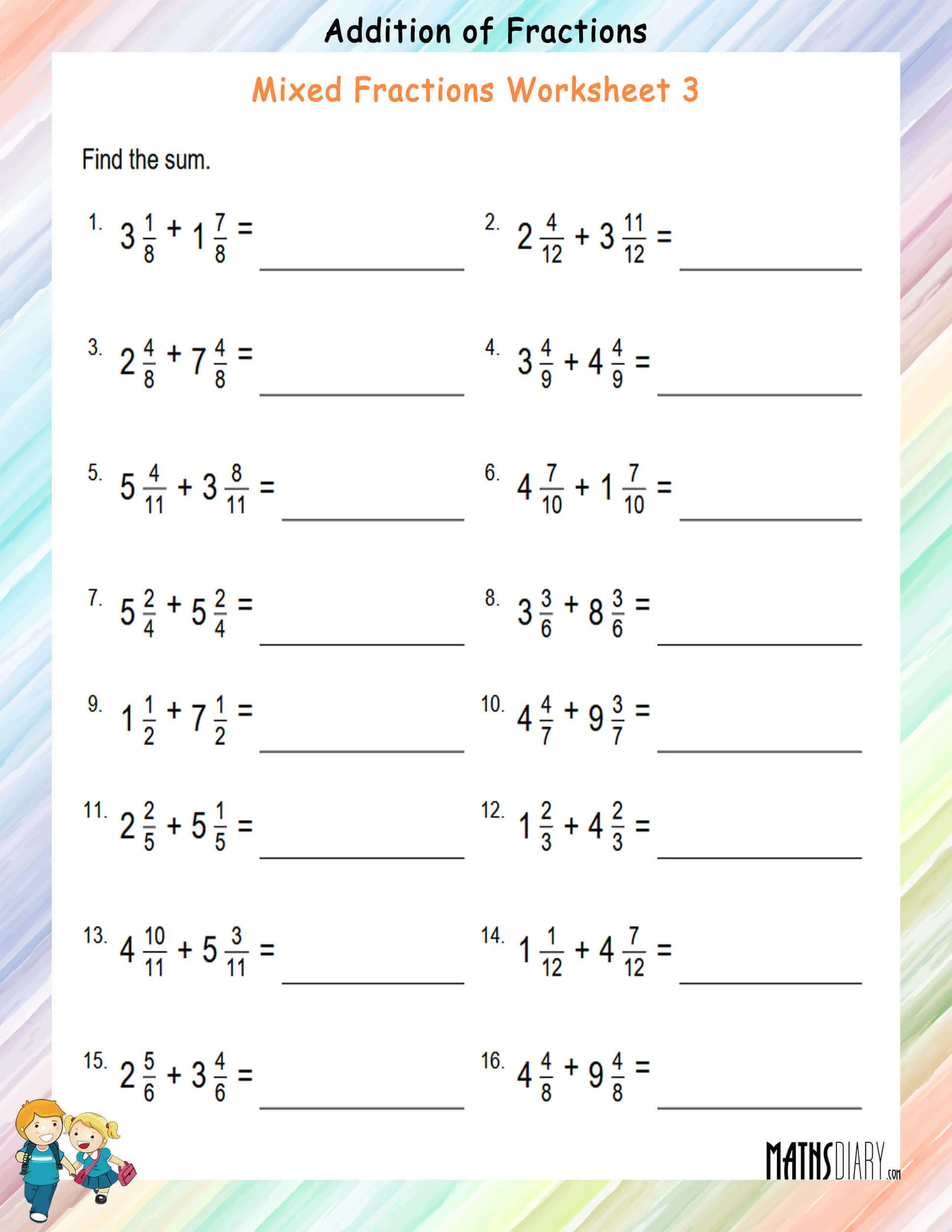 Fifth grade math worksheet featuring colorful problems for adding mixed fractions