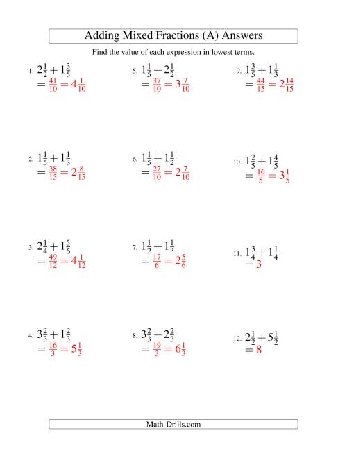 Fifth grade student working on a colorful math worksheet about adding mixed fractions
