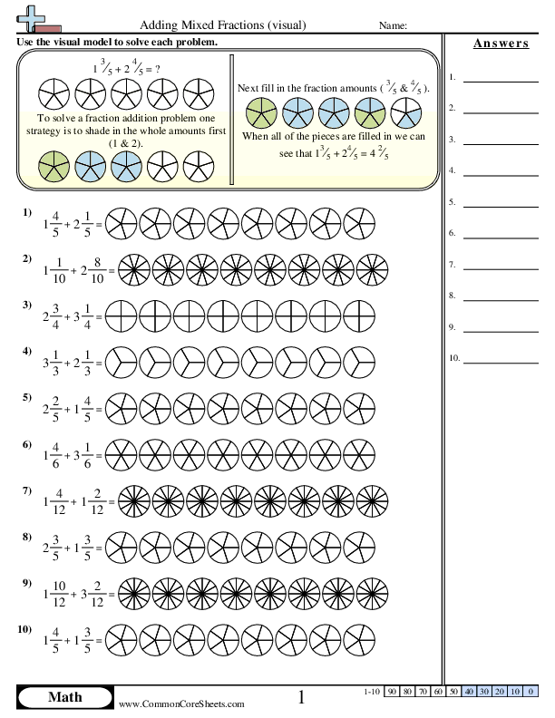 Fifth grade students learning to add mixed fractions with step-by-step visual examples on a colorful worksheet