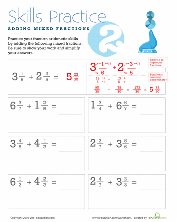 Worksheet for adding mixed fractions with unlike denominators for fifth graders