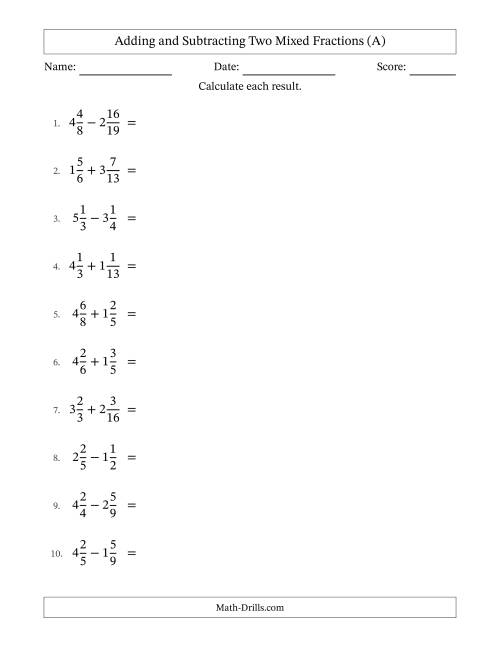 Fifth grade math worksheet featuring step by step problems for adding mixed fractions with unlike denominators