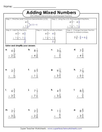 Worksheet for adding mixed fractions with different denominators for fifth graders