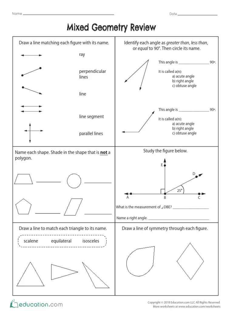 Mixed Geometry Review worksheet for fifth grade integers and rational numbers unit Fifth grade math worksheet featuring a variety of geometry problems including polygons and coordinate grids