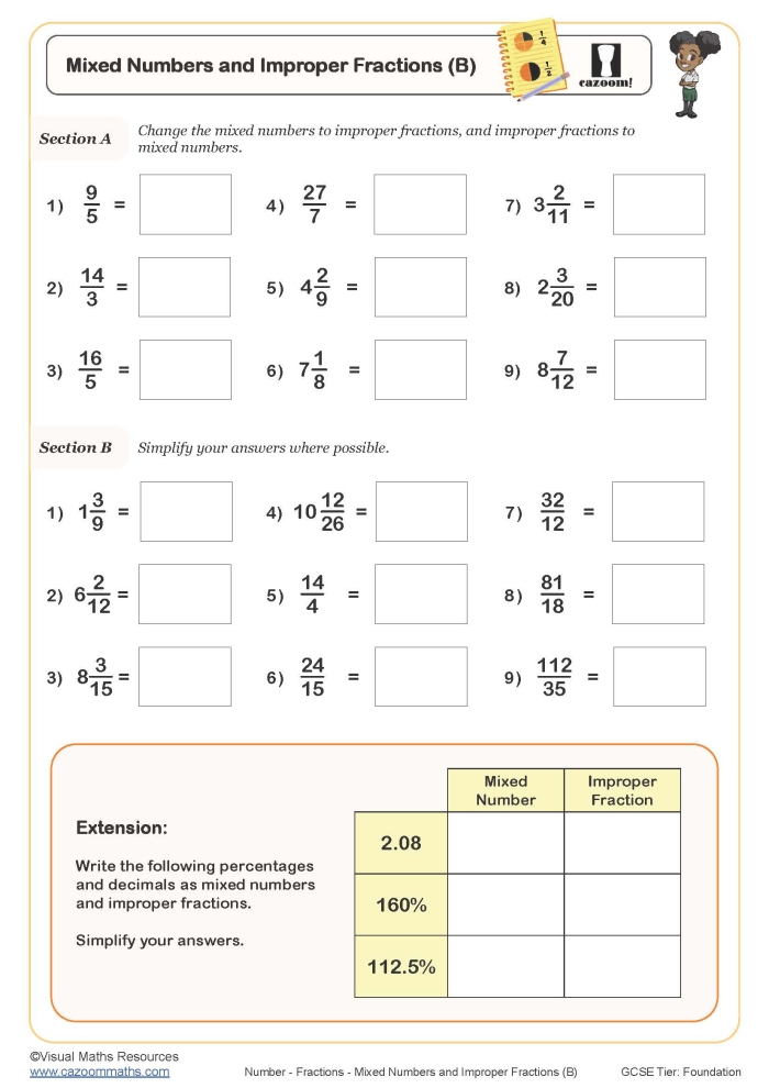 Fifth grade math worksheet showing colorful examples of mixed numbers and improper fractions for practice and learning