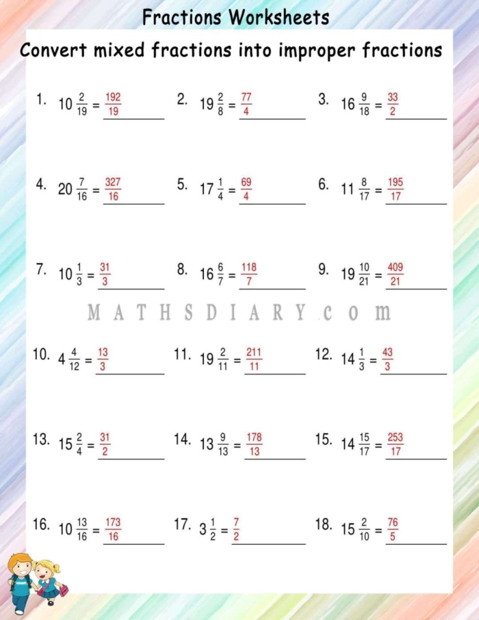 Fifth grade math worksheet focused on identifying and converting mixed and improper fractions