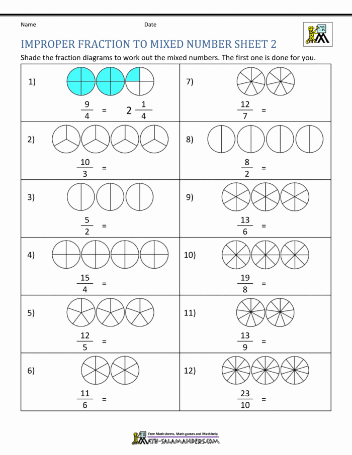 Fifth grade math worksheet showing colorful practice problems for converting between mixed numbers and improper fractions with visual fraction models