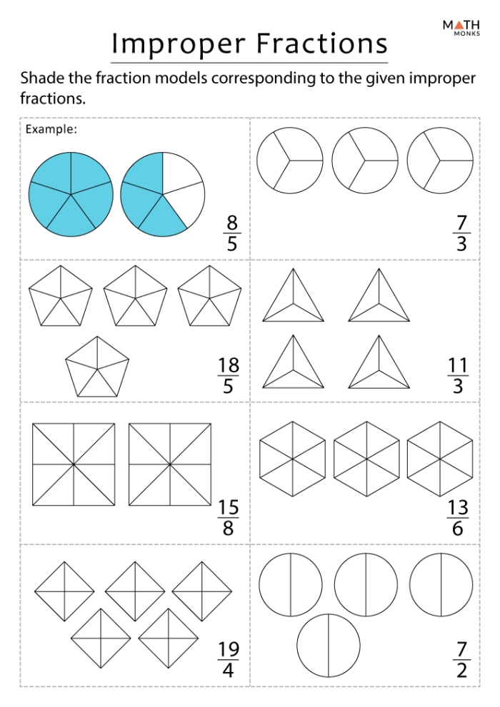 Fifth grade math worksheet focused on identifying and converting mixed and improper fractions