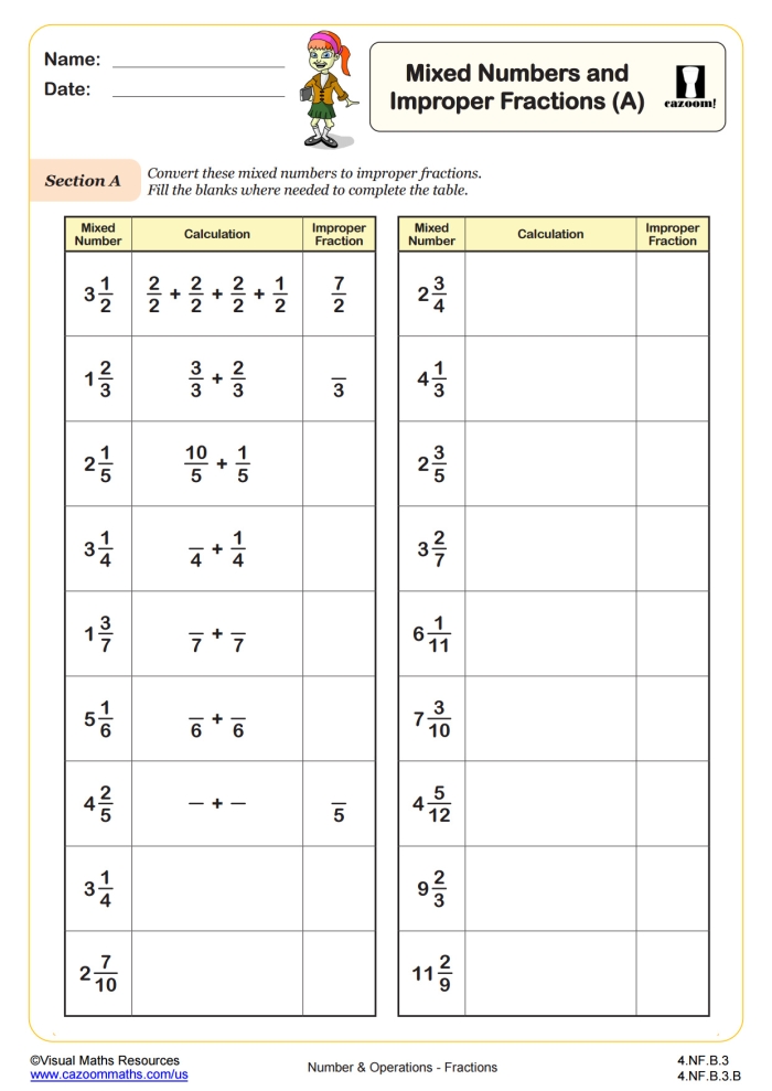Fifth grade math worksheet for identifying mixed and improper fractions
