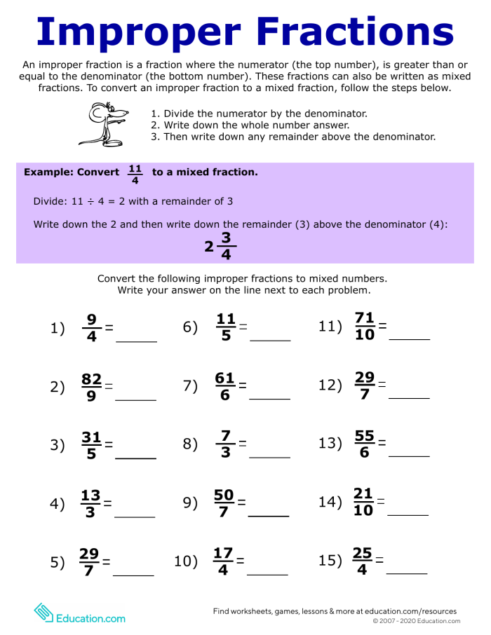 Fifth grade math worksheet featuring colorful problems for identifying mixed and improper fractions