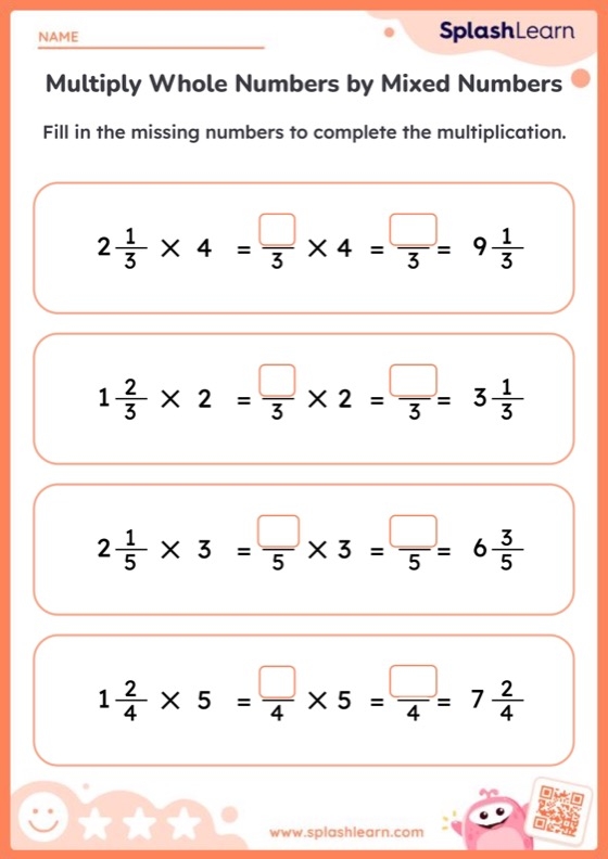 Fifth grade math worksheet showing multiplication problems with mixed numbers and whole numbers for classroom practice