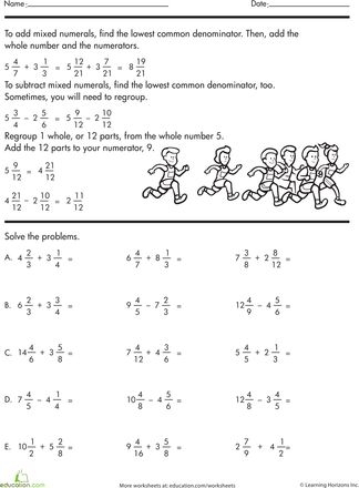 Fifth grade math worksheet featuring step by step practice problems for adding and subtracting mixed numbers