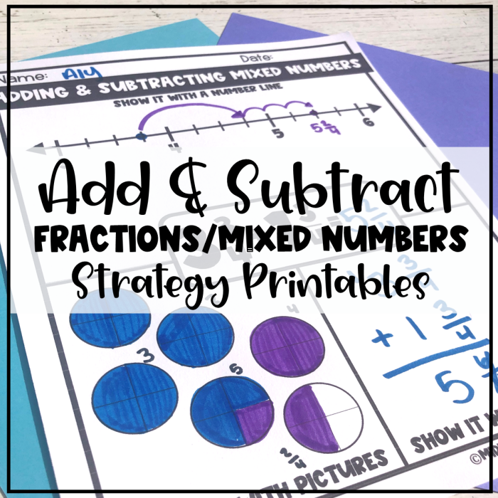 Worksheet for adding and subtracting mixed numbers with step-by-step instructions. Educational resource for fifth-grade algebra students.