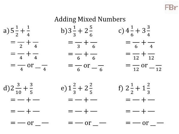 Fifth grade math worksheet showing step-by-step methods for adding and subtracting mixed numbers