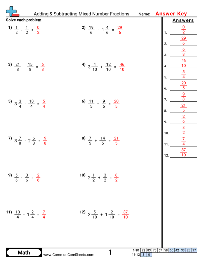 Fifth grade student completing a step by step adding and subtracting mixed numbers practice sheet