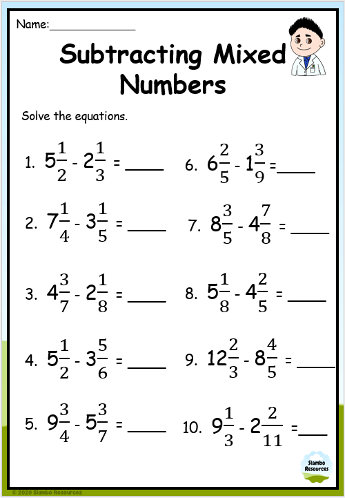 Worksheet for adding and subtracting mixed numbers, designed for fifth graders