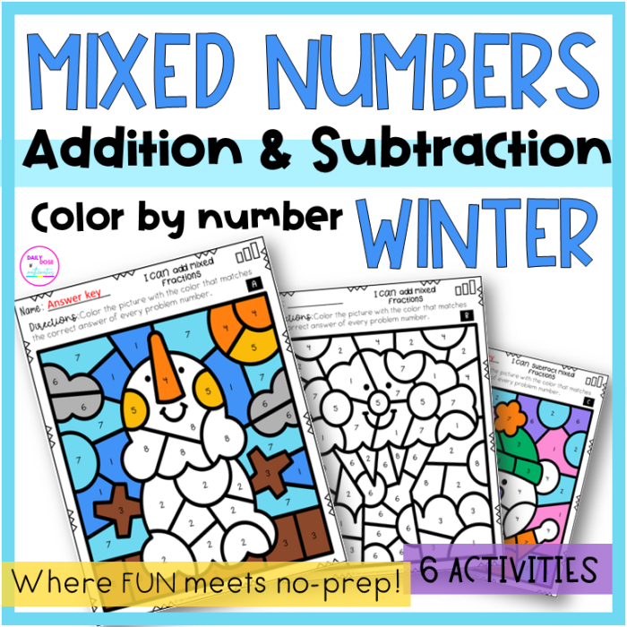 Fifth grade worksheet for adding and subtracting mixed numbers with step-by-step instructions