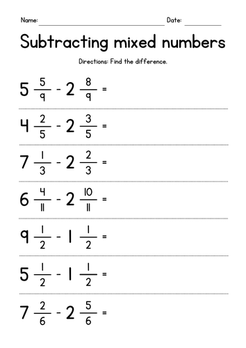 Worksheet for practicing adding and subtracting mixed numbers in fifth grade math