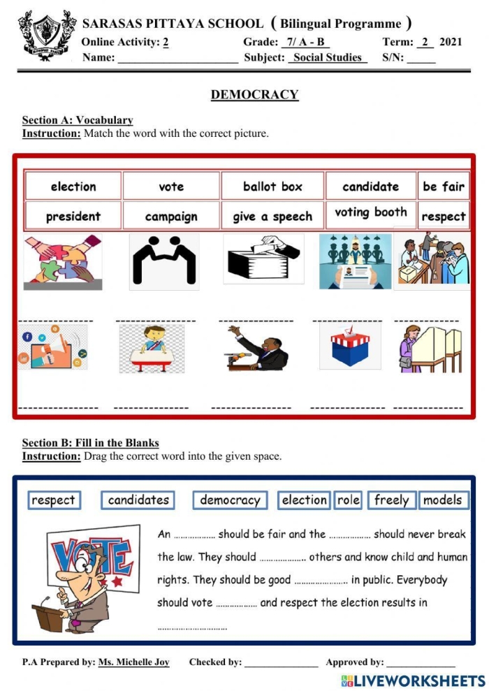 Fifth grade worksheet comparing the core features of monarchies and democracies for history students