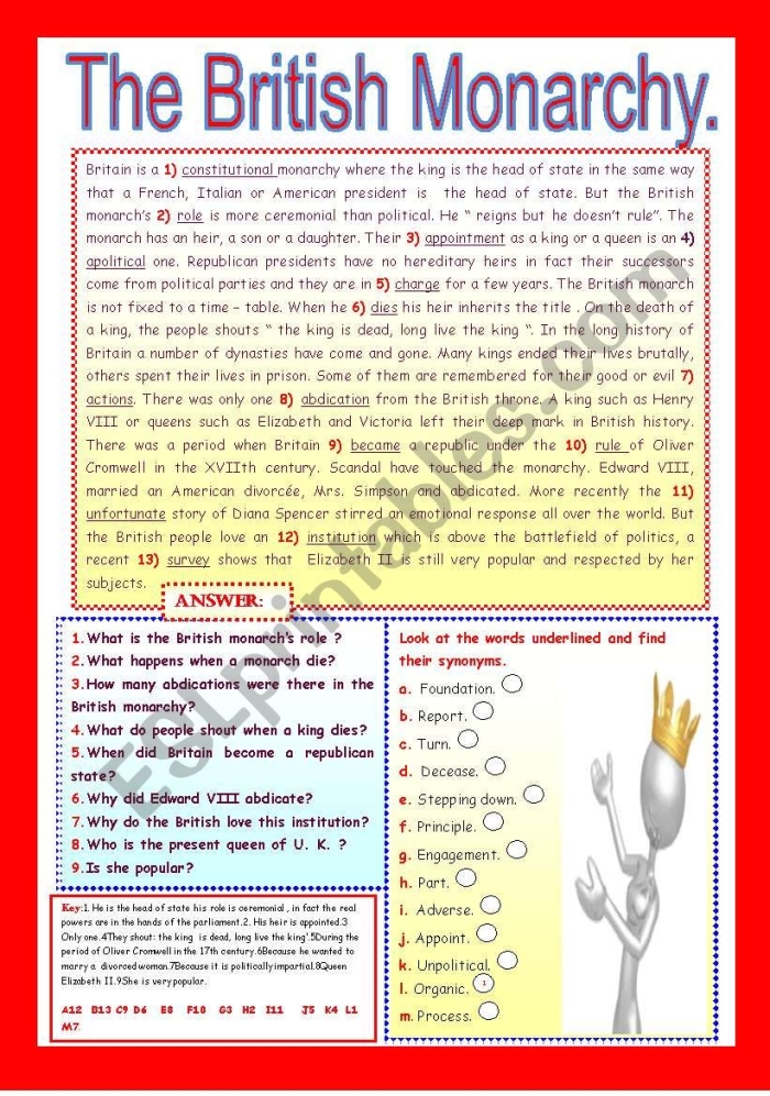 Fifth grade social studies worksheet comparing democratic and monarchical government structures