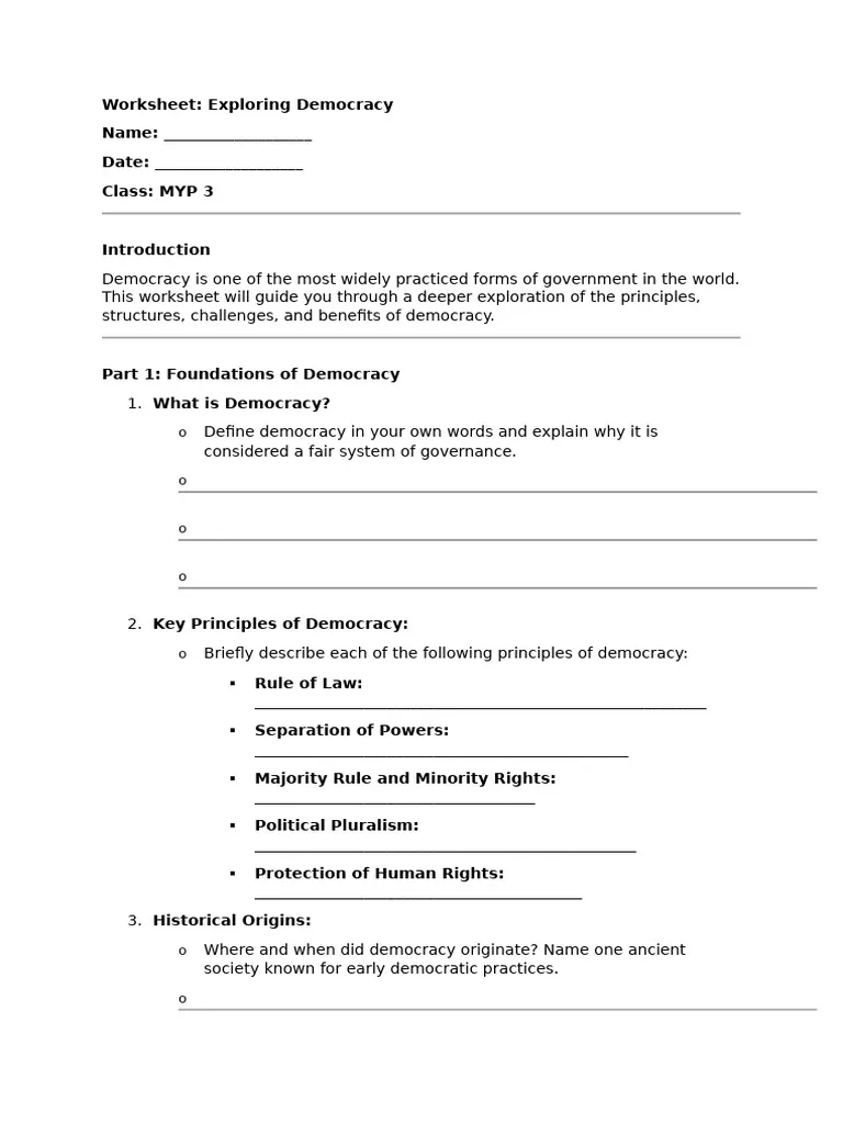 Monarchy vs. Democracy worksheet illustrating key differences in government types for fifth graders