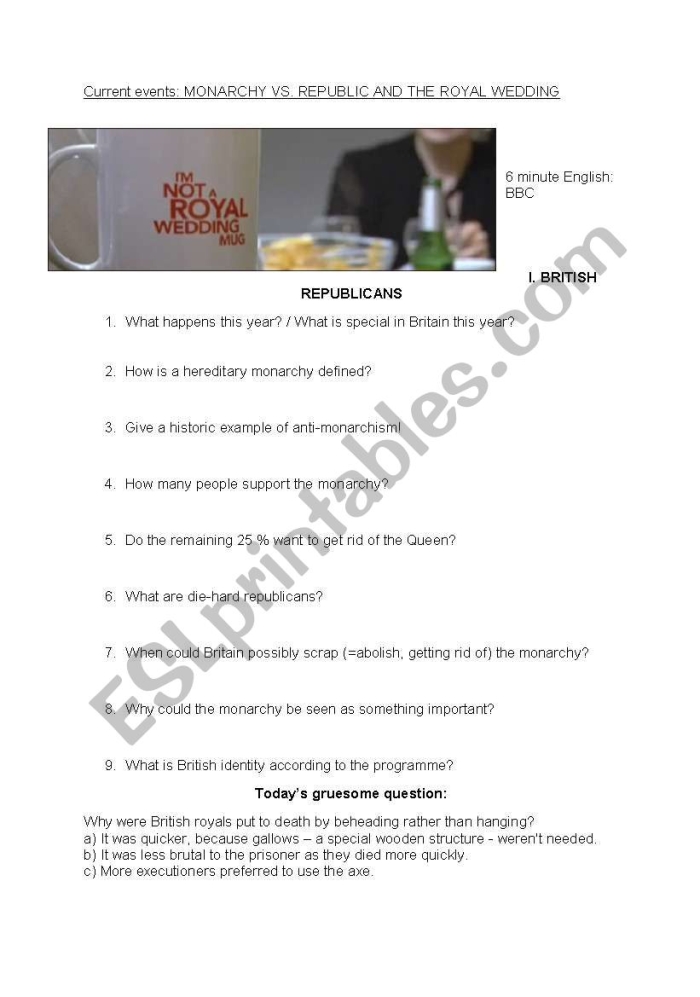 Worksheet comparing monarchy and democracy for fifth grade history students