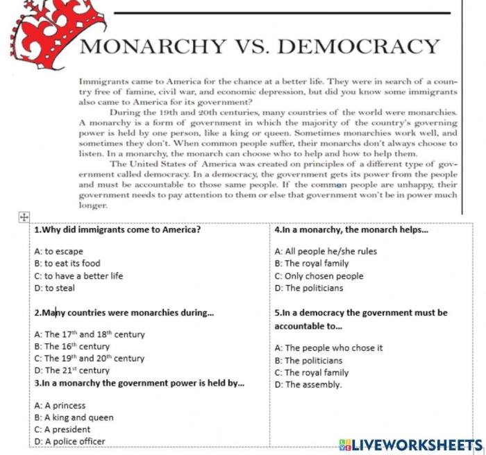 A student working on a 5th grade social studies worksheet comparing democratic and monarchical government structures