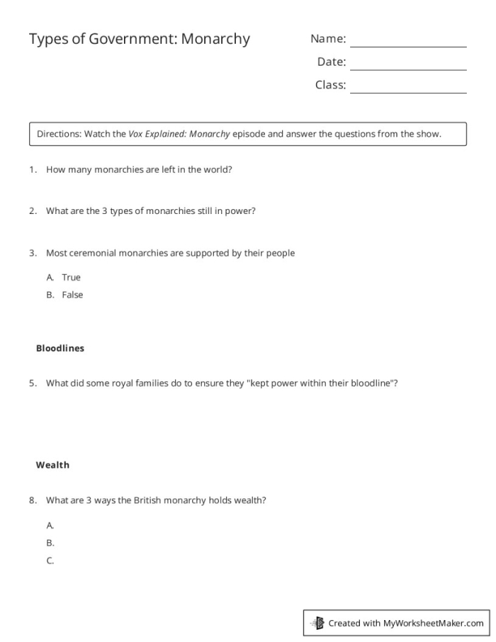 Worksheet comparing monarchy and democracy for fifth-grade history students