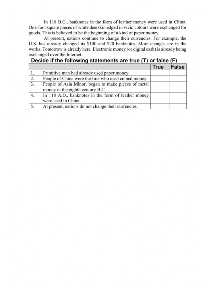 ALT text for a fifth-grade worksheet on the history of American money featuring a timeline and quiz questions