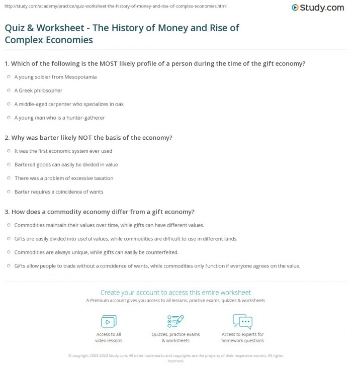 ALT text for a worksheet on the history of American money featuring a timeline and quiz questions