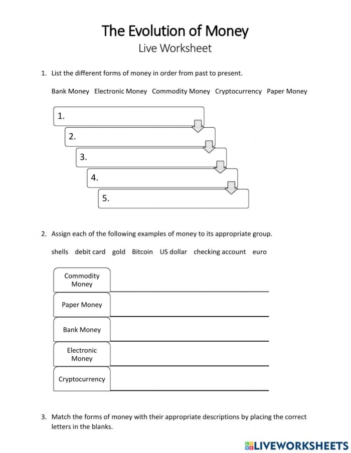 ALT text for a worksheet on the timeline of American money, featuring quiz questions for fifth graders