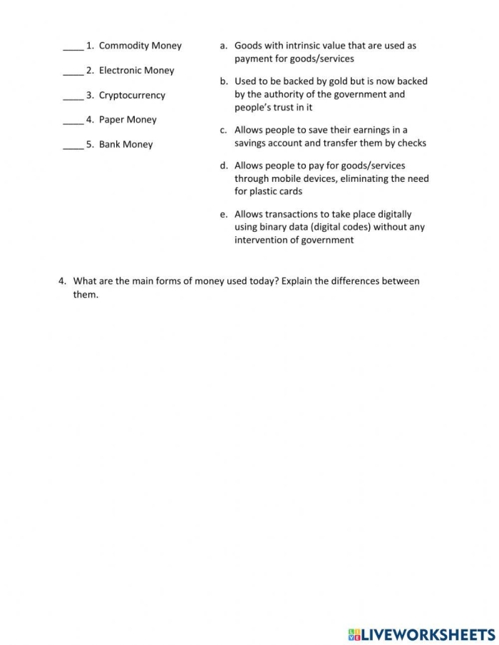 A fifth-grade worksheet featuring a timeline of American currency and quiz questions. History of Money timeline worksheet for fifth-grade students.