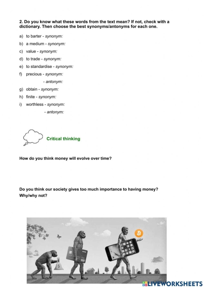 A fifth-grade worksheet featuring a timeline of American money with quiz questions. History of Money worksheet for fifth graders to explore and learn.