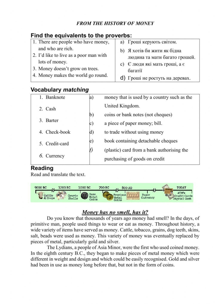ALT text for a worksheet displaying a timeline of American money with quiz questions