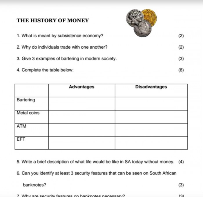 ALT text for a fifth-grade worksheet featuring a timeline of American money with quiz questions