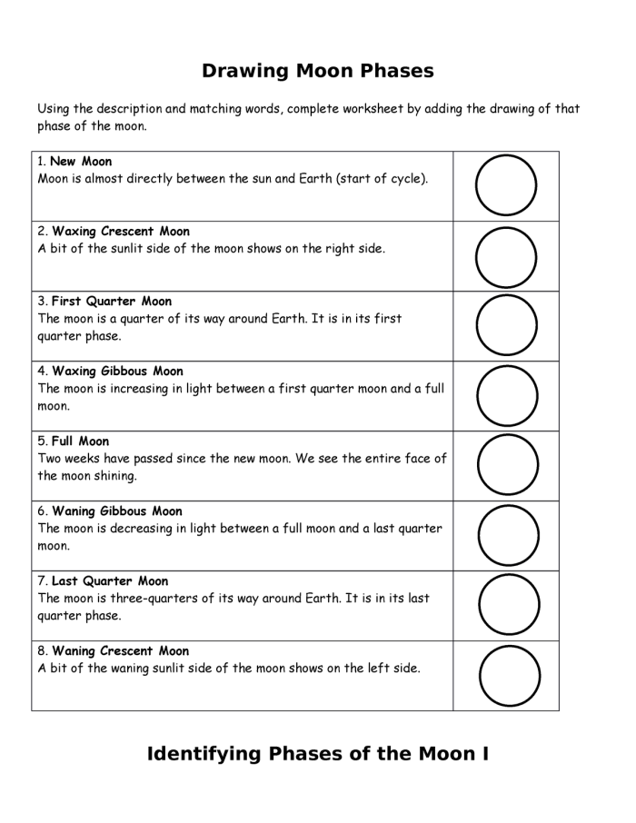 Illustration of a worksheet for fifth graders showing the phases of the Moon