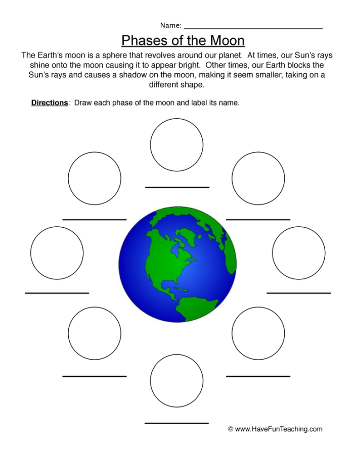 A fifth-grade student working on a worksheet about the phases of the moon. Drawing the Phases of the Moon educational activity for fifth graders.