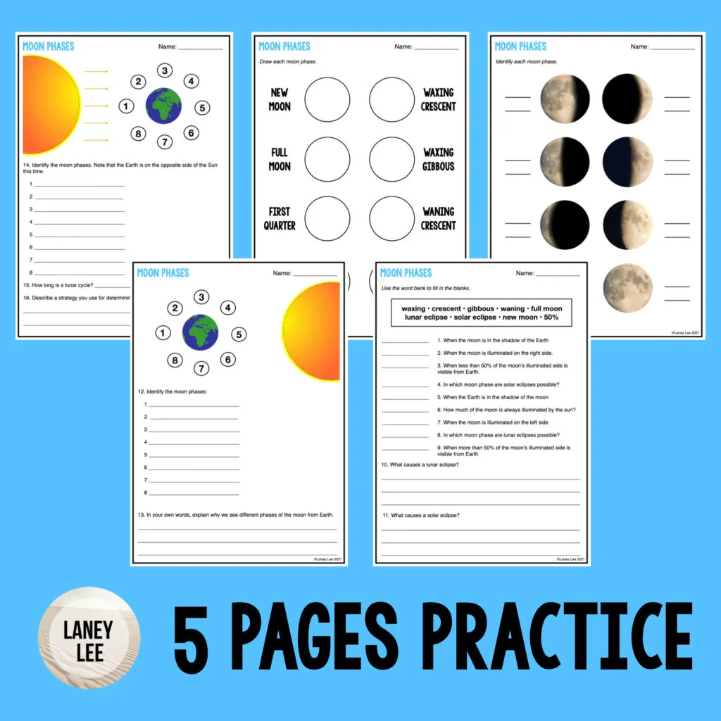 A fifth-grade student completing a worksheet on drawing the phases of the moon