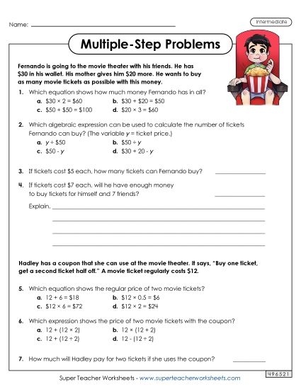 Worksheet featuring movie theater-themed fraction problems for fifth graders