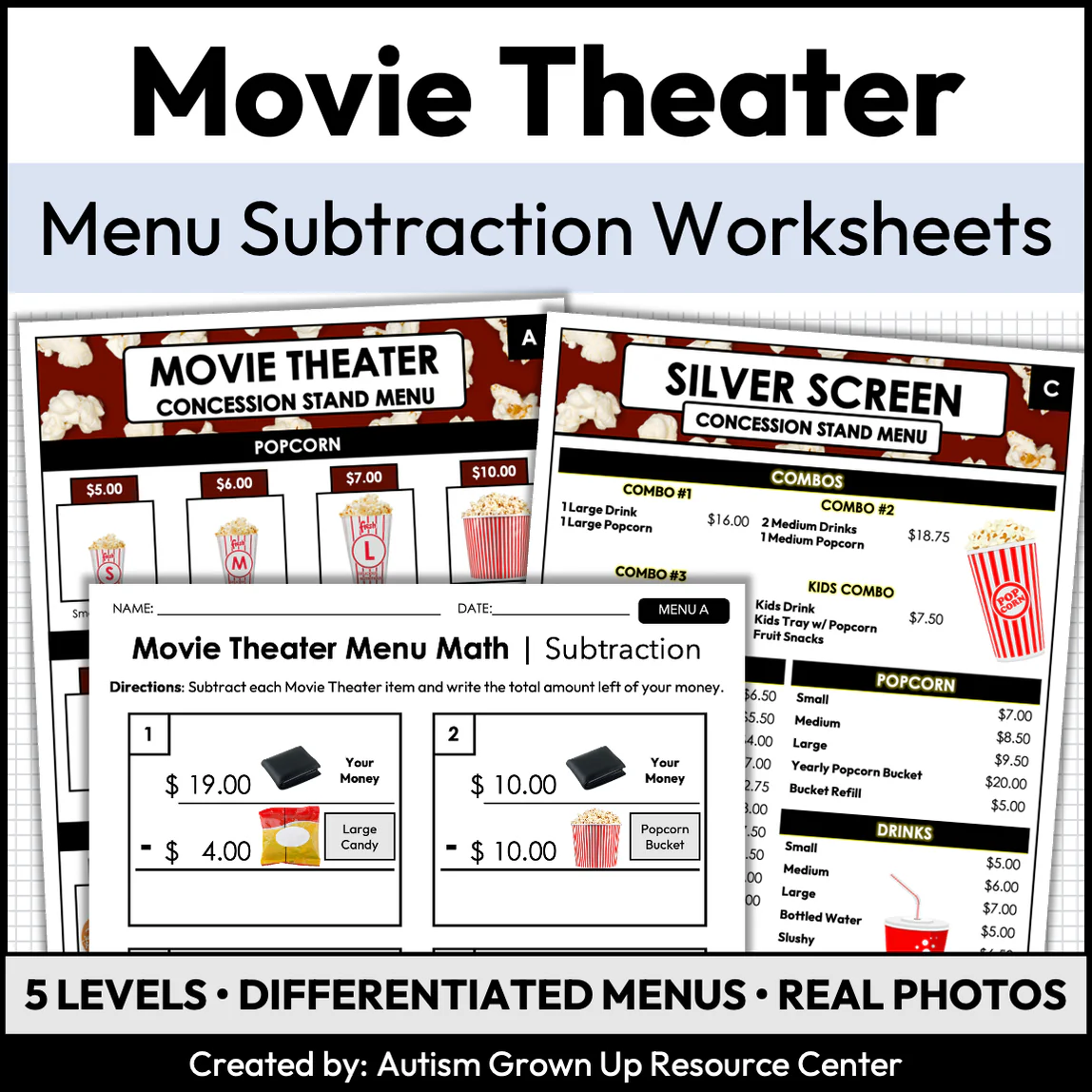 Worksheet featuring movie theater fractions for fifth graders