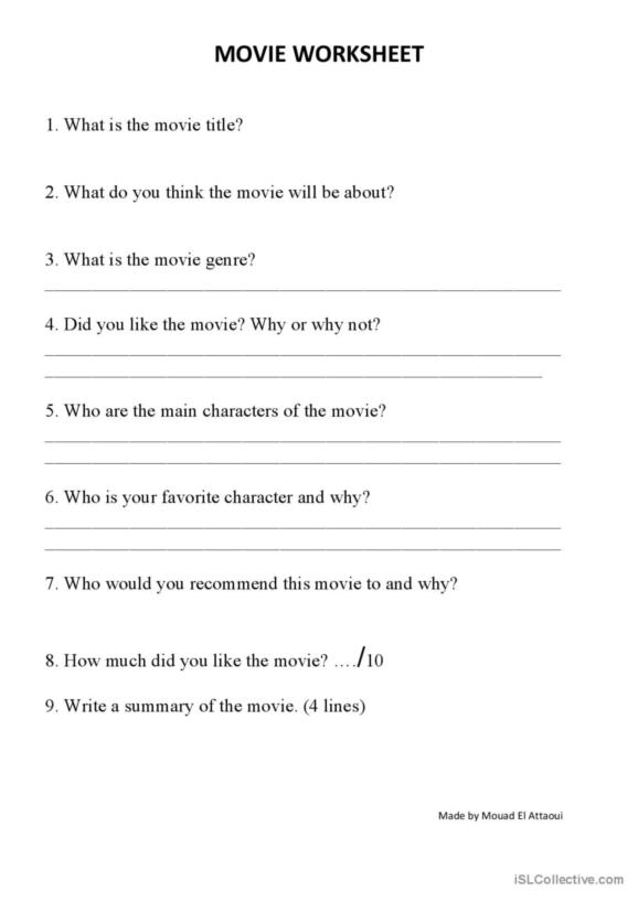 Worksheet featuring a Movies and Main Ideas activity for fifth graders focusing on comprehension skills. Engaging worksheet for students to enhance their understanding of nonfiction texts through guided questions.