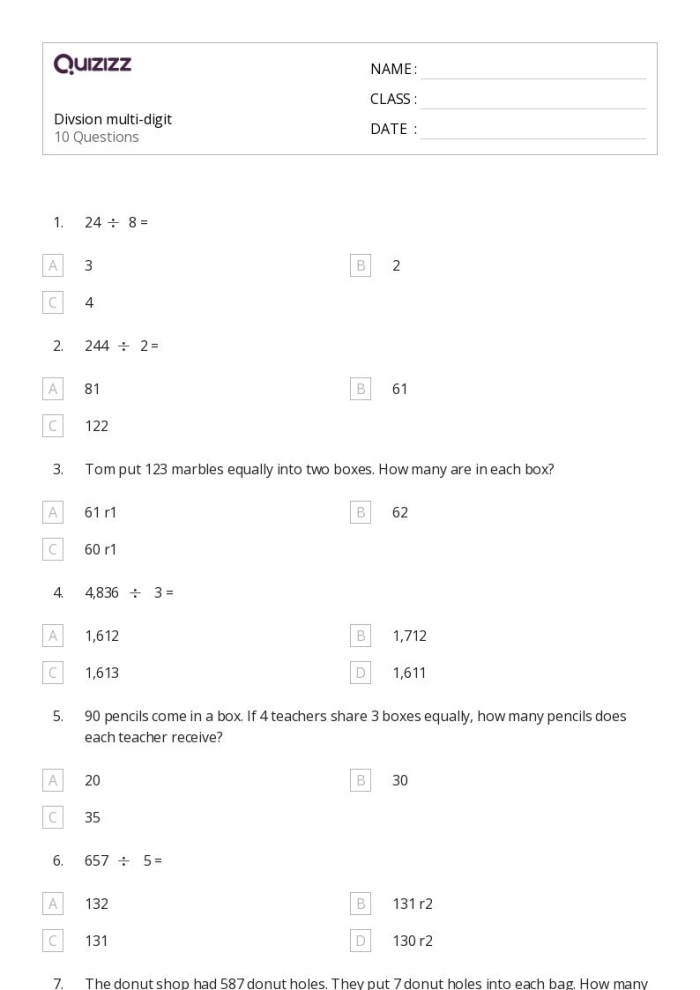 Fifth grade student completing a multi-digit division practice worksheet