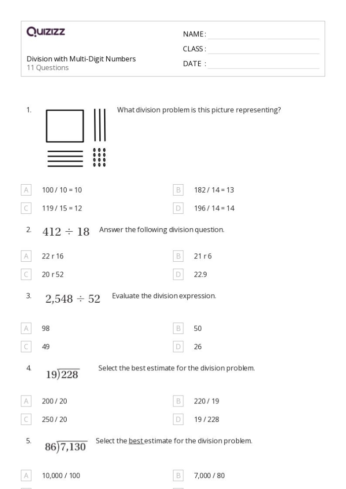 Worksheet featuring multi-digit division problems for fifth graders
